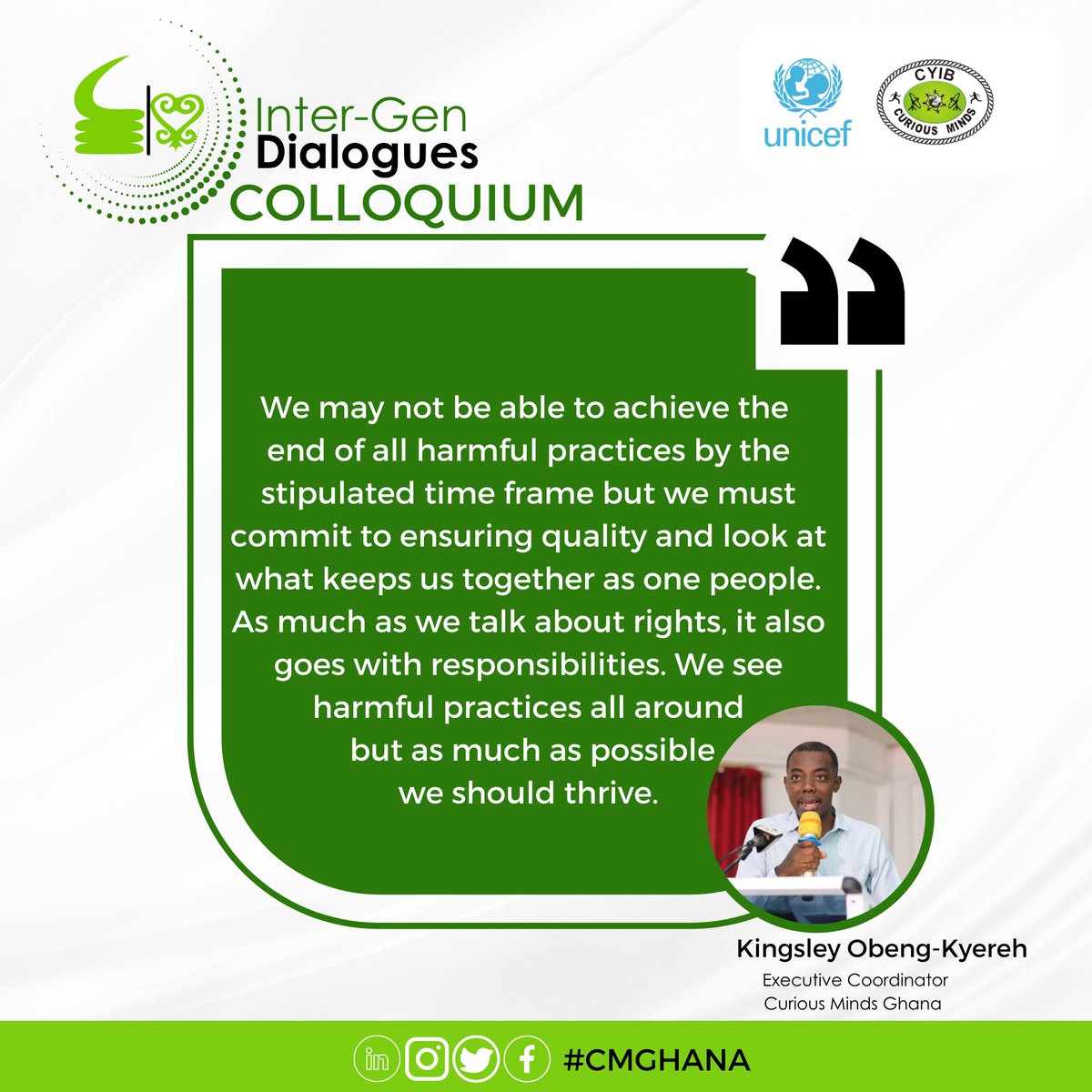 cmghana's tweet photo. In his welcome address, the Executive Coordinator of Curious Minds, @kobengkyereh  encourages the focus on responsibilities in achieving the agenda 2023 and SDGs by acting on the issues, especially ending harmful practices.

#CMGhana #InterGenDialogue #EndHarmfulPractices https://t.co/biVuvJ5Rzj
