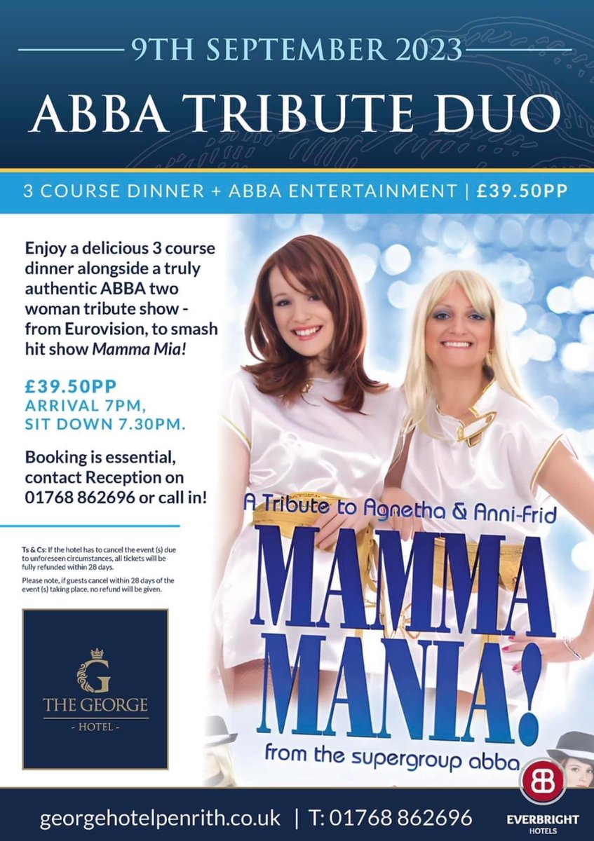 UPCOMING EVENT 🪩 

Enjoy a delicious 3 course dinner alongside a truly authentic ABBA two woman tribute show - from Eurovision, to smash hit show Mamma Mia!

£39.50PP ARRIVAL 7PM, SIT DOWN 7.30PM. 

Booking is essential, contact Reception on: 
01768862696 or call in!