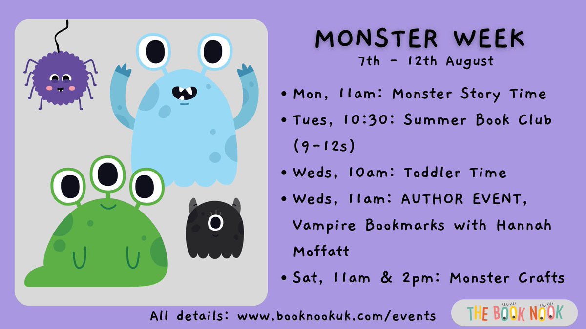 booknookhove's tweet photo. It's MONSTER WEEK at the Book Nook!
Be brave and join us for some MONSTER stories, crafts and events ...
INCLUDING some book-gobbling bookmark making and monstrous swamp stories with @missdeplume and #SmallBitesBack on Wednesday @ 11am...
All info 👉https://t.co/6z62pQ1gJZ https://t.co/m2hn0zkLRU