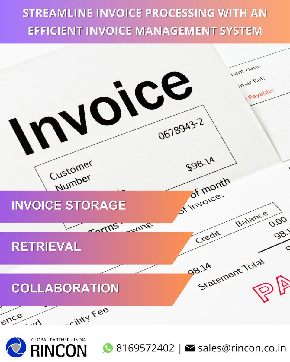 Streamline invoice processing with an efficient Invoice Management System (#IMS)! Say goodbye to manual paperwork and hello to automated invoice storage, retrieval, and collaboration. #InvoiceProcessing #StreamlinedEfficiency #DMS

rincon.co.in/site/dms/