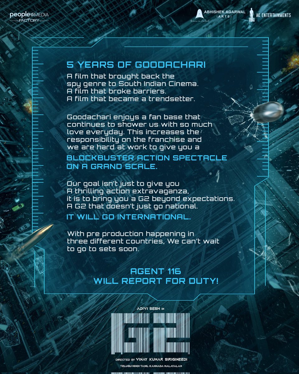 5 years for the GUNSHOT BLOCKBUSTER #Goodachari ❤️‍🔥

Agent 116 will be back with #G2 💥

This time, the action extravaganza will be beyond the borders and beyond all expectations 🔥

#5YearsOfGoodachari 

@AdiviSesh @vinaykumar7121 @AAArtsOfficial