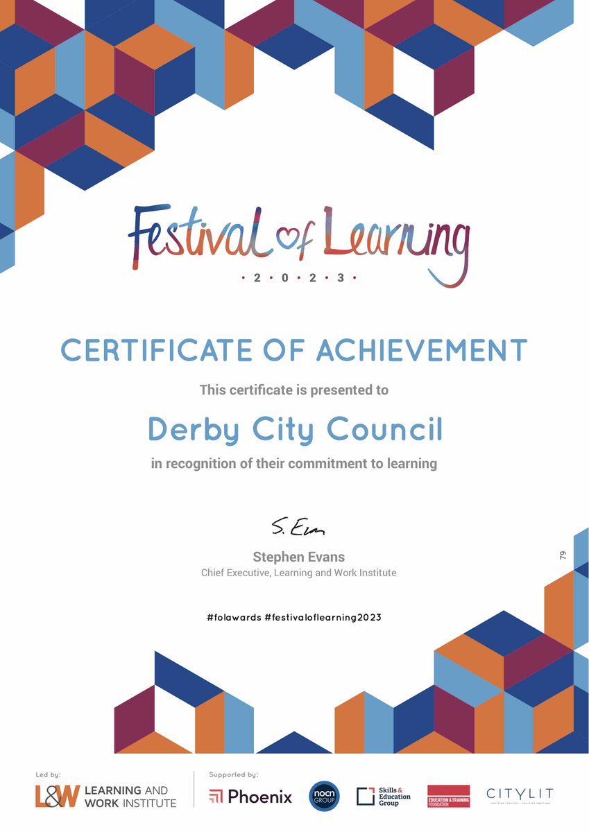PeepleCentre's tweet photo. Derby City Council recently received a Festival of Learning certificate of achievement in recognition of their commitment to learning through delivering our Peep Progression Pathway.π
Read more about the Festival of Learning here: https://t.co/IOZihUi6uy #FoLAwards @DerbyCC https://t.co/CIpgBGRiyH