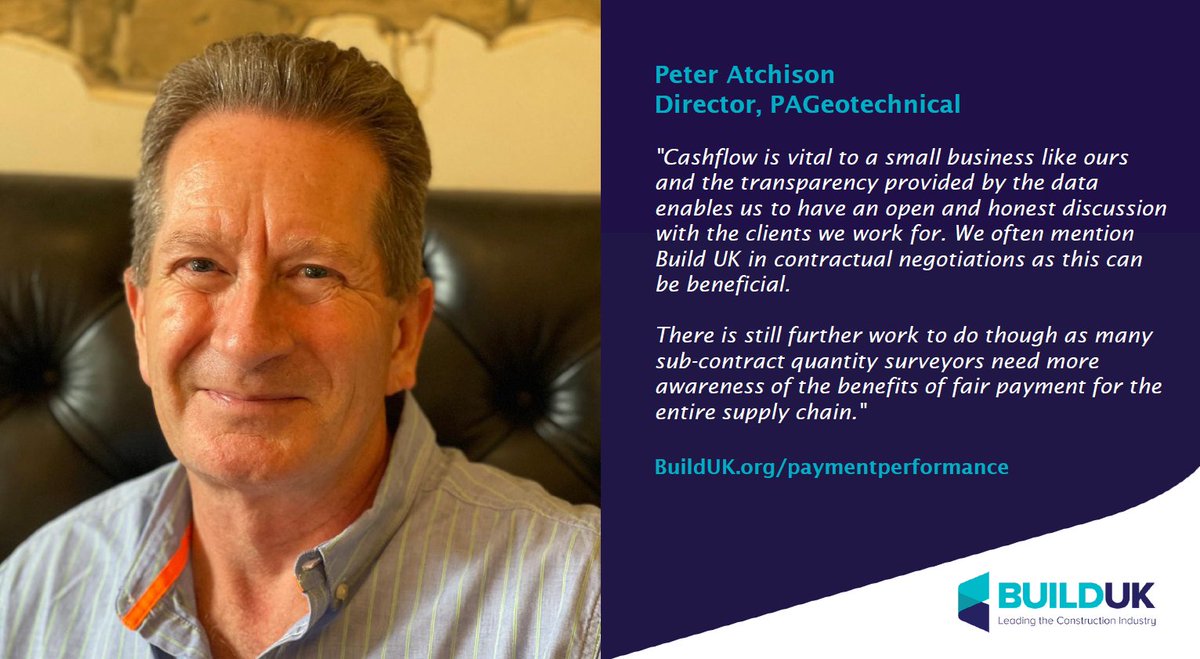 “The transparency provided by the data enables us to have an open and honest discussion.”

- Peter Atchison, PAGeoTechnical Director

📈Find out more about Build UK’s work to benchmark #construction’s payment performance below:

builduk.org/paymentperform…

#TransformingConstruction