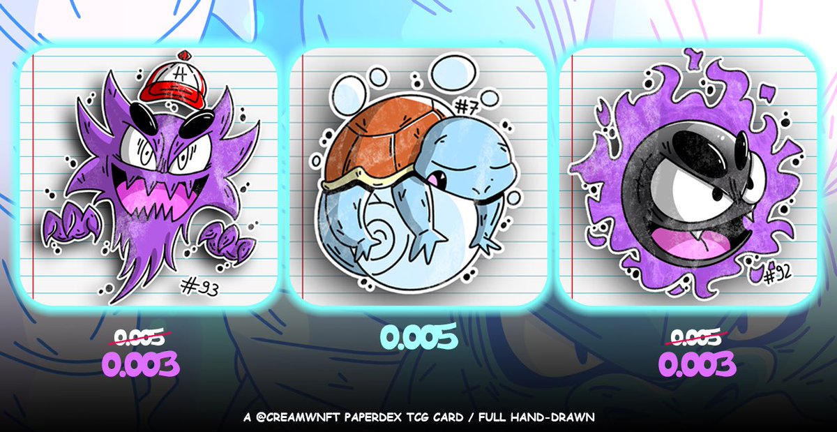 GM #NFTCommunity 💜
We got a fantastic new drop for our Paperdex! 🫧

The new starter is here! And he brought with himself a Fresh SUMMER DISCOUNT!😁

You can choose the #Pokemon you prefer! But remember:

Gotta Catch Them all! 🪐💜
⬇️ ⬇️ ⬇️
opensea.io/collection/pap…