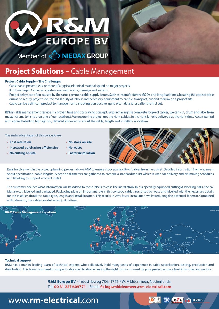 R&amp;M Europe BV are increasingly being asked to manage our clients cable requirements.  If your next project could benefit from the experience we have in this field, please do not hesitate to get in contact.

#europe #cablemanagement #cable #projectmanagement #datacentre