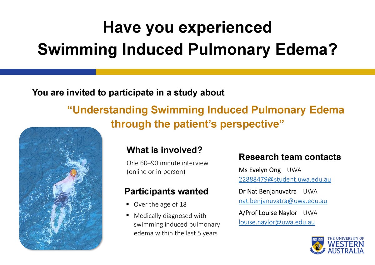 Nat Benjanuvatra (@nbenjanuvatra) on Twitter photo Open water swimmers, if you experienced Swimming Induced Pulmonary Edema (SIPE) in the past 5 years, we would love to hear from you.
DM or email nat.benjanuvatra@uwa.edu.au to join our research.
<a href="/UWAresearch/">UWA Research</a> <a href="/UWAhumanscience/">UWA School of Human Sciences</a> #openwaterswimming #SIPE Open water swimmers, if you experienced Swimming Induced Pulmonary Edema (SIPE) in the past 5 years, we would love to hear from you.
DM or email nat.benjanuvatra@uwa.edu.au to join our research.
<a href="/UWAresearch/">UWA Research</a> <a href="/UWAhumanscience/">UWA School of Human Sciences</a> #openwaterswimming #SIPE