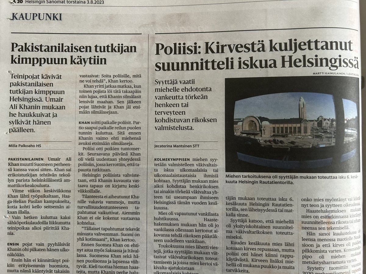 Jälleen kuvottava esimerkki, miten normalisoitu vihapuhe kääntyy teoiksi. Toinen teoista ei onneksi toteutunut poliisin ripeän toiminnan vuoksi.

”Kolmekymppisen miehen syytetään valmistelleen väkivaltaista iskua ulkomaalaisia tai ulkomaalaistaustaisia ihmisiä kohtaan.”