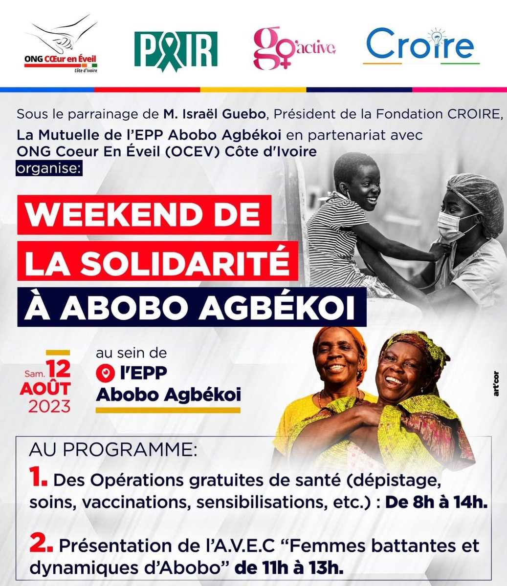 croireci's tweet photo. Mode Solidaire Activé ✅ 
On se mobilise pour  le week-end de la solidarité à #Abobo Agbekoi. 
Ce 12 août, partenaire de l’ONG #OCEV 🇨🇮pour une campagne de sensibilisation médicale et de dépistage avec @IsraelGuebo, parrain de l’édition.

Vous êtes https://t.co/t3a16CUroC. https://t.co/QKLQWDtZlp