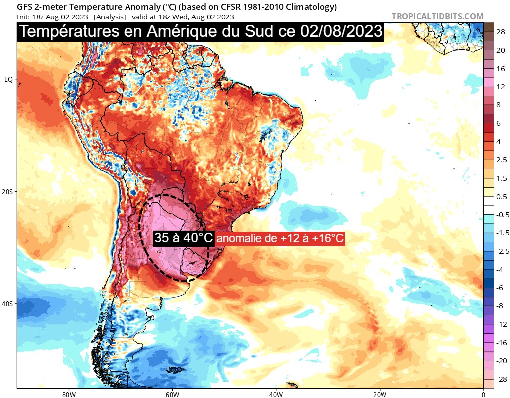 🌡 Le centre de l'Amérique du Sud fait face à une vague de #chaleur historique, alors que le continent est en plein hiver ! Entre #Argentine, #Paraguay, #Bolivie et #Brésil, des valeurs de 35 à 40°C sont mesurées, battant des records ! (via tropicaltidbits.com)