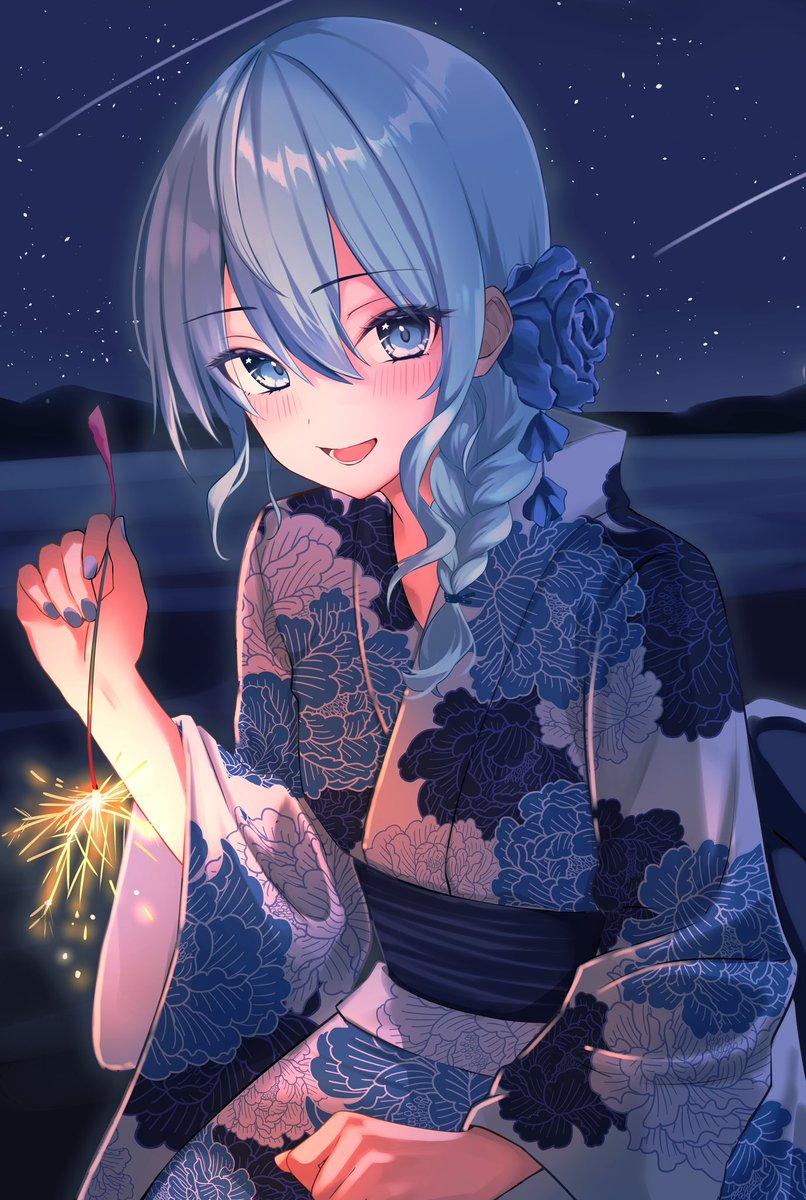 hoshimachi suisei 1girl fireworks japanese clothes kimono solo blue hair blue eyes  illustration images