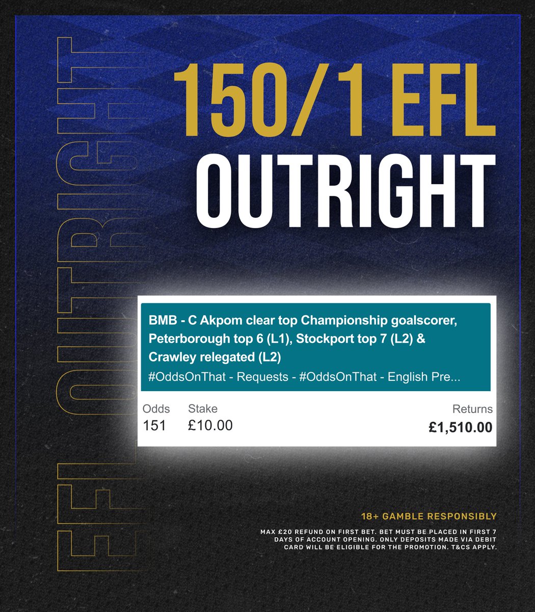 🔥 150/1 EFL OUTRIGHT! 

🔗 LOAD IT: bit.ly/Outright-EFL

Open a Betfair account to back it. You can’t combine these selections anywhere else. 

Place this as your first bet, and you’ll get a full cash refund if it loses.

📌 Claim offer: bit.ly/BF-Join-Here 

18+, Gamble