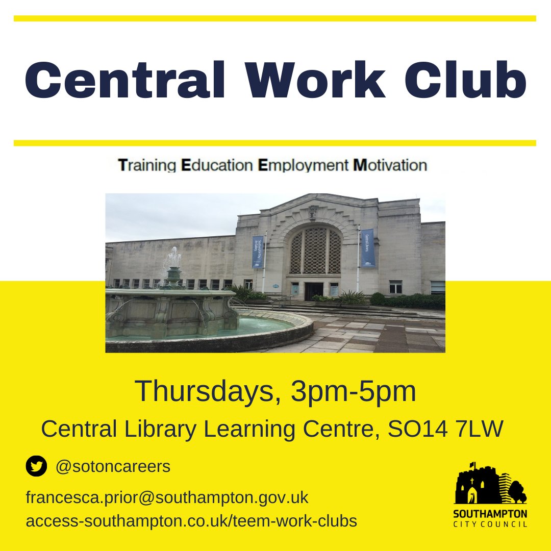 sotoncareers's tweet image. T.E.E.M Work Club today at Central Library, 3pm-5pm! Drop in for support with:

📄CV Writing
🔍Job Searching
🤝Interview advice

More information: access-southampton.co.uk/teem-work-clubs