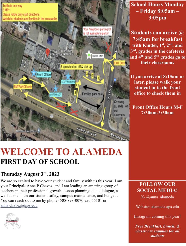 anna_alameda's tweet photo. Alameda Elementary 
1st day of school 1st grade-5th grades
8:05-3:05, breakfast starts at 7:45 https://t.co/F6MrAyBd66