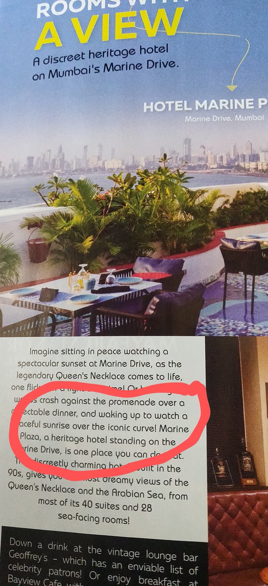 From Indigo Airlines magazine Hello 6E. Probably written by someone not from Mumbai:-)...to be able to witness a sunrise on Marine Drive:-)
