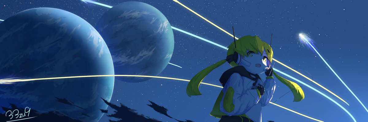 vocaloid_rt39's tweet photo. @33zu9_ ヘッダーを新たに33zu9様(@33zu9_ )に描いて頂きました。33zu9様ありがとうございます。季節感と此処とは異なる世界を匂わす素敵なイラストになっています。見ていただけると幸いです。なにかが夜空を飛んでますね🚀 https://t.co/gj5Ei0UAYj