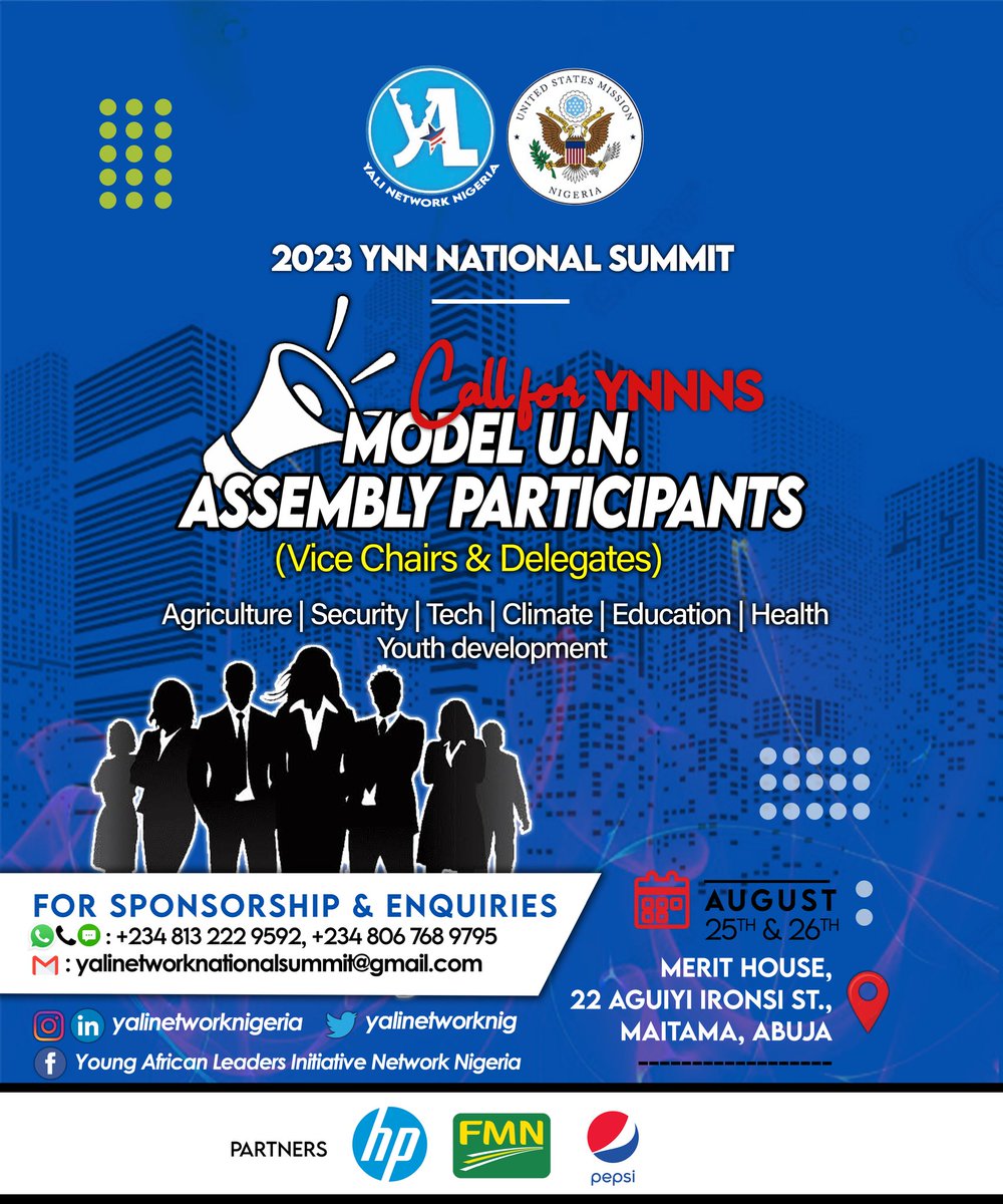 yalinetworknig's tweet photo. Join us for an inspiring YALI NETWORK NIGERIA 2023 NATIONAL Summit! A call to to participate in the 'UN Model General Assembly' where innovative ideas take center stage as delegates explore Agriculture, Security, Tech, Climate, Education, Health, and Youth Dev. 
 AUG 25-26, 2023 https://t.co/vBCg346uml