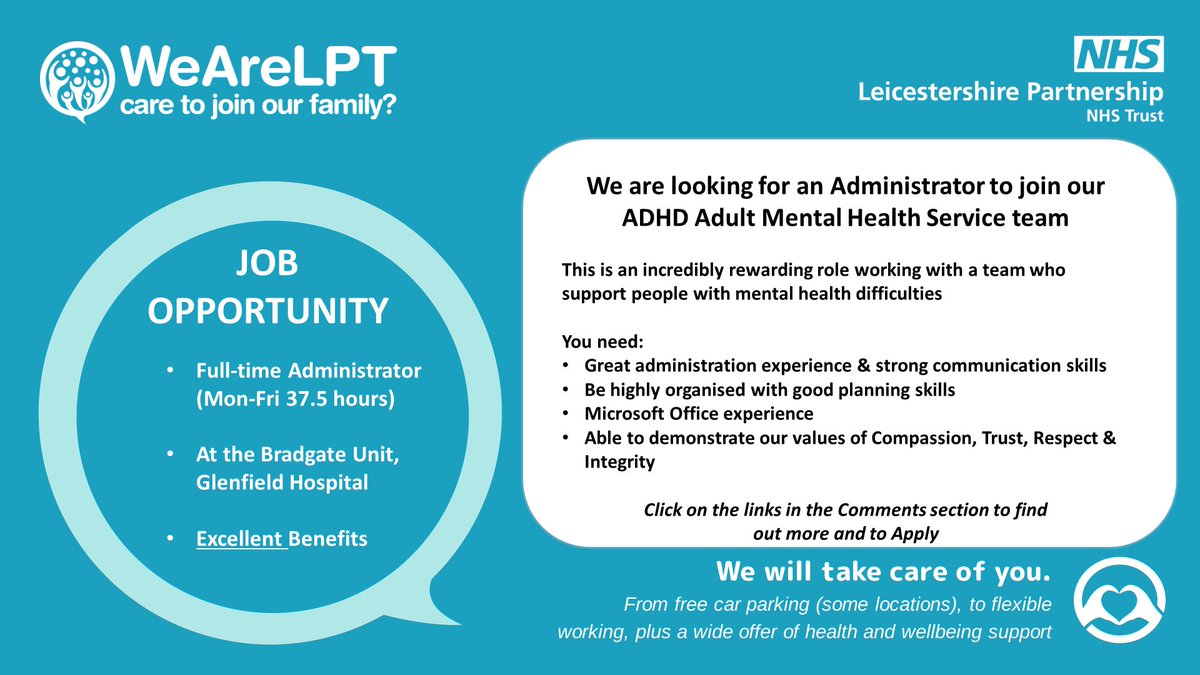 👇Brilliant Administrator job opportunity at <a href="/LPTnhs/">Leicestershire Partnership NHS Trust</a> located at Glenfield Hospital and working within the Mental Health Unit.
⭐More details &amp; apply here: jobs.nhs.uk/candidate/joba…

#LPT #AdministratorJobs #MentalHealth