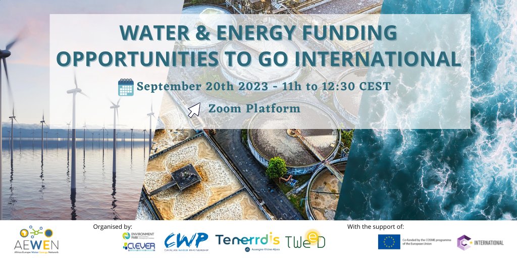 📣 SAVE THE DATE! 
📅 20th of september at 11h

➡ AEWEN: Water &amp; Energy funding opportunities to go international
💡 find out more on  funding opportunities in the 
💧 water and⚡ energy sector

📝 Webinar is free but registration is mandatory : bit.ly/3QpLjqS