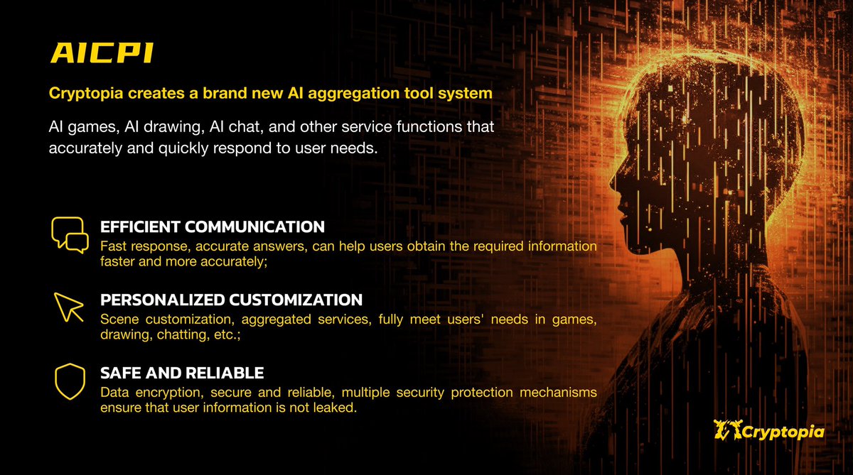 👊 AICPl is Cryptopia's commitment to creating a brand new AI aggregation tool system 🌠. This system integrates various service functions such as AI games, AI drawing, and AI chat 👾, aiming to respond to user needs with greater accuracy and speed 👥. 🧠 Cryptopia's AI