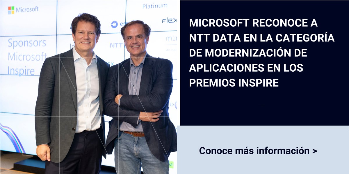 NTTDataSpain's tweet photo. Volvemos a ser reconocido por @MS_Empresas en la categoría de Modernización de Aplicaciones de los premios #MSInspire . #NTTDATAEspaña https://t.co/ZZSmBrMRNV https://t.co/aFE5cCySf6
