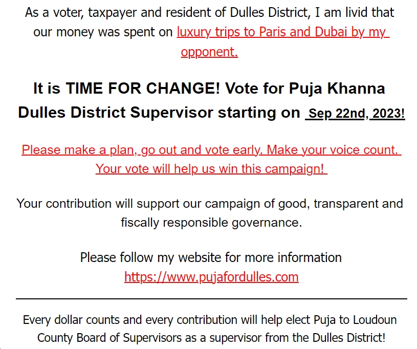 The Democratic opponent (@PujaSKhanna) of Republican Loudoun Supervisor Matt LeTorneau goes after him for his 'luxury trips to Dubai...and Paris.' Will right-wing Sinclair/WJLA 'news' be reporting on this? LOL bluevirginia.us/2023/08/thursd…