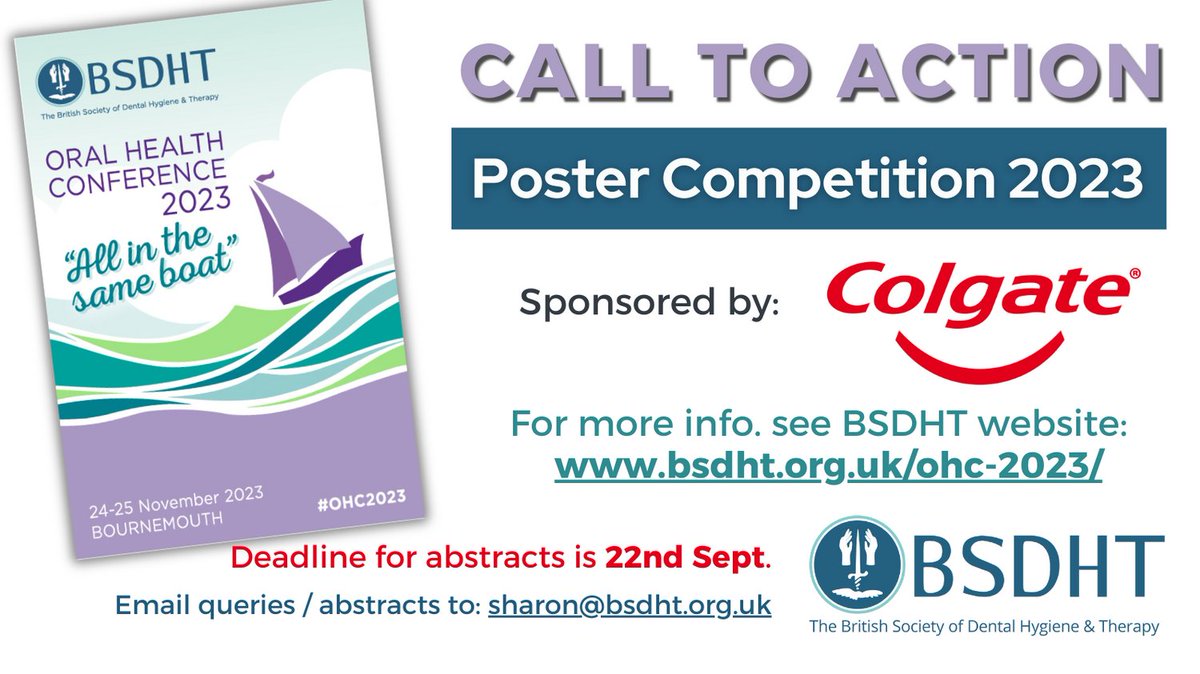 BSDHTUK's tweet image. For more information on the BSDHT Poster Competition 2023 please see our website: bsdht.org.uk/ohc-2023/ 

#teamcolgate
#colgateuk
#bsdht #bsdhtohc2023 #bsdhtpostercomp #dentalhygiene #dentaltherapy #researchpostercompetition