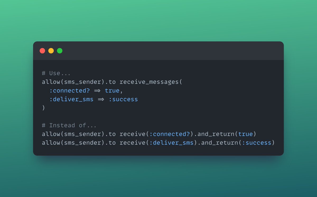 mentalizer's tweet image. #TIL You can stub out multiple methods on a single object in one go using `#receive_messages`

rspec.info/documentation/…

#rspec #stub #ruby