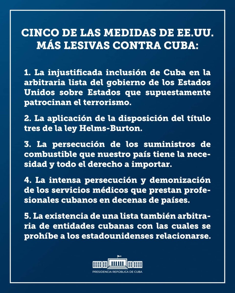Miguel Díaz-Canel: "P/ ilustrar la severidad de esa política, que pretenden negar a voz en cuello los voceros del imperio y otros voluntarios “servidores de pasado en copa nueva”, solo mencionaré 5️ de las medidas más perversas, más lesivas p/ la economía y p/nuestra población"