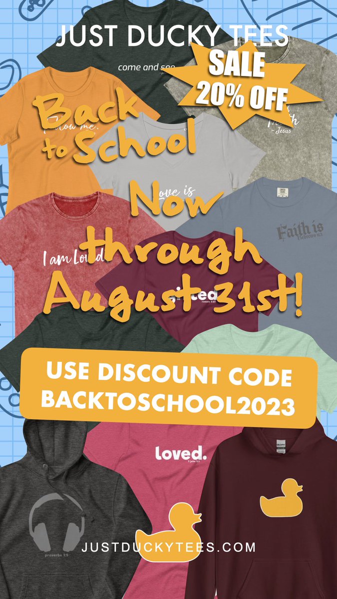 JustDuckyMedia's tweet photo. It’s time for your back to school shopping! Make a statement this year with Just Ducky Tees! 
Save 20% on you total at check out! Go to https://t.co/yQug6ysXuG and start shopping!

#justduckytees #backtoschool #sale #tees #tshirts #shirts #apparel #clothing #smallbusiness https://t.co/S75YMy4raH