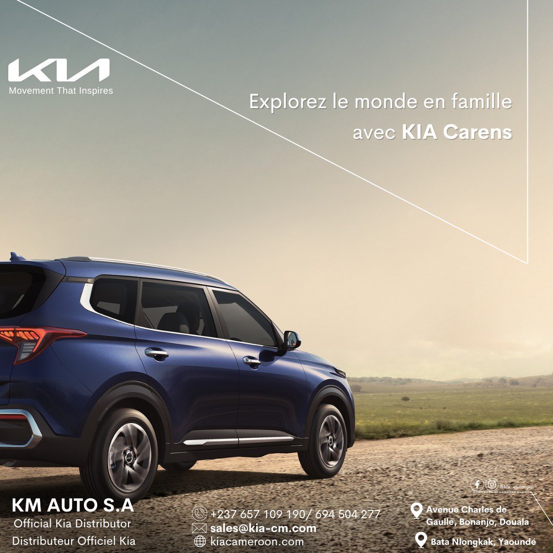 KiaCameroon's tweet photo. Explore the world as a family with Kia Carens.

Soon available in our showrooms
📍Douala- Avenue Charles de Gaulle
📍Yaoundé - Bata Nlongkak

#kiacameroon #kiaworldwide #kiacarens #movementthatinspires https://t.co/7LgFblneEu