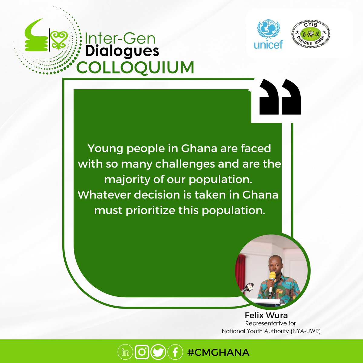 cmghana's tweet photo. Young people in Ghana are faced with so many challenges &amp; are the majority of our population. Felix Wura, a representative of the @nyaofficialgh (UWR ), in his statement, urged that decision-making in Ghana must prioritize this segment of the population.

 #InterGenDialogue https://t.co/pJAsaS4IgX