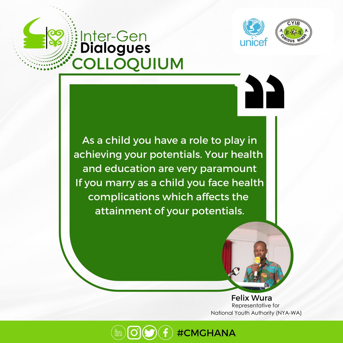 cmghana's tweet photo. Young people in Ghana are faced with so many challenges &amp; are the majority of our population. Felix Wura, a representative of the @nyaofficialgh (UWR ), in his statement, urged that decision-making in Ghana must prioritize this segment of the population.

 #InterGenDialogue https://t.co/pJAsaS4IgX