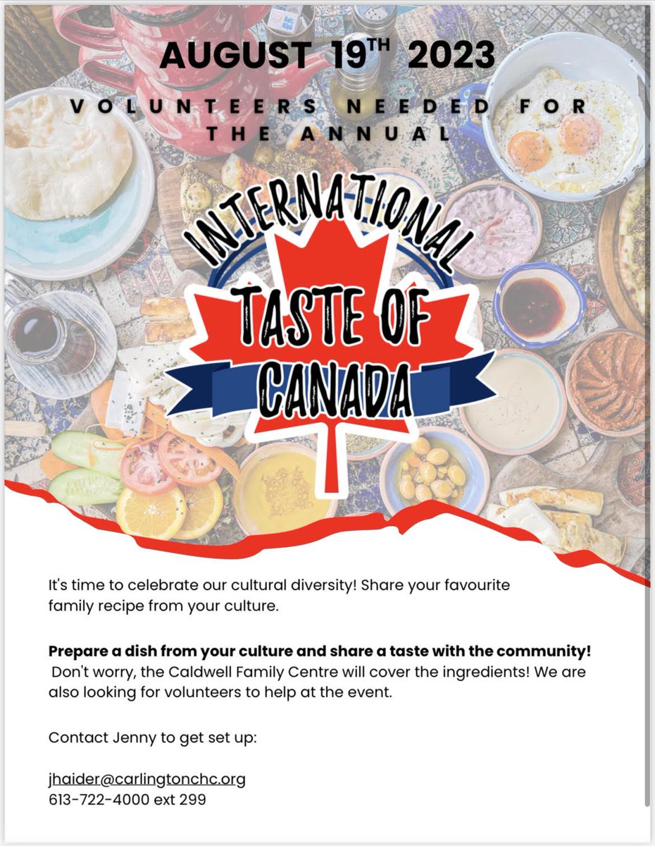 The annual International Tastes of Canada event is happening soon in Carlington and needs volounteers! Find out more below and contact jhaider@carlingtonchc.org for more information.