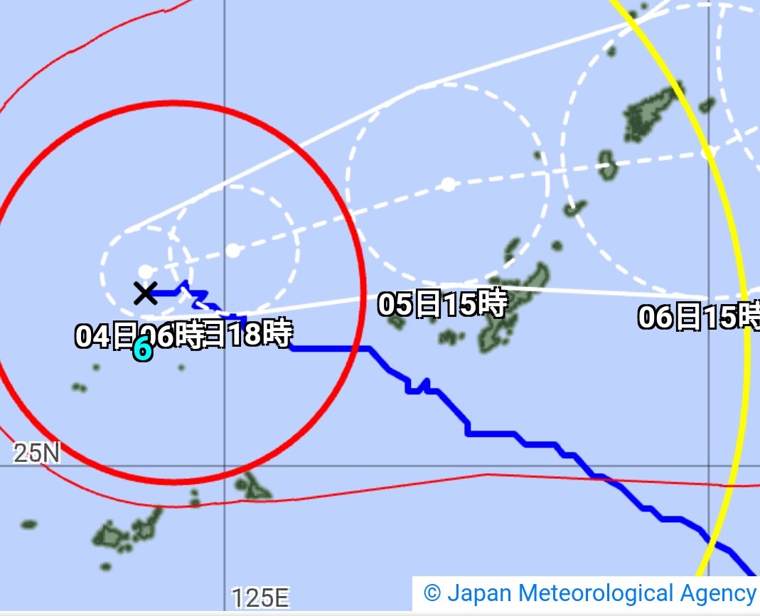 nakasone_tomomi's tweet photo. （3日午後9時）
Ｕターンのタイミングが
早まりました。
明日から台風は強い勢力で
本島地方近海に戻ってきます。
夜には暴風域に入るおそれ
【暴風警報発表予定】
本島地方　４日昼過ぎ〜夕方　久米島地方４日朝
まだ停電・断水が続いている中での再接近です。
今一度、台風対策できているか確認を⚠ https://t.co/bVqgc1Cxa9
