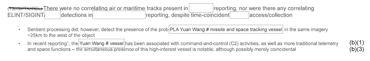 swede_cap's tweet photo. @ClintEhrlich They DO know what it was but that part was redacted.

It was likely a Chinese Yuan Wang-class tracking ship. These are typically used to support missile tests and space missions but some are rumored to be spy ships as well.

Nice helipad and hanger aft. I wonder... never mind. https://t.co/mjBYg9PVMR