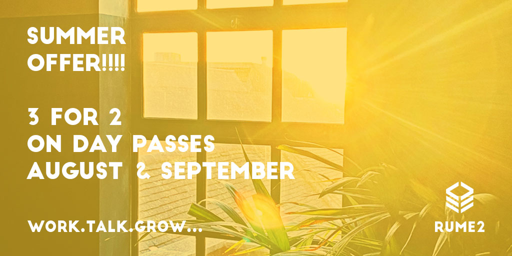 We're offering 3 for 2 on day passes in August &amp; September to bring a little sunshine into your life!
Book 2 day passes on our website, then email us at hello@rume2.co.uk, and we will book you a third day for free! 🤩🌻🌞 #offer #summeroffer #3for2 #bookadesk #coworkingspace
