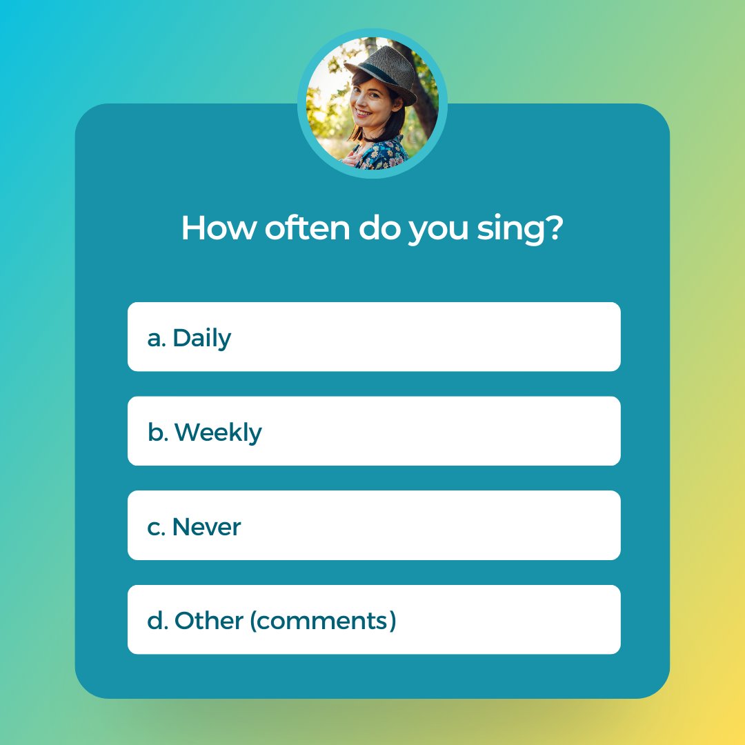 aideen_ni_riada's tweet photo. Let's get musical! 🎶 How often do you sing? Comment with your answer below!
a. Daily
b. Weekly
c. Never
d. Other (comments)
.
.
#confidenceinsinging #vocalcoach #intuitivecoach #resonatewithaideen #singing #music #polls https://t.co/ajv0OqJCAU