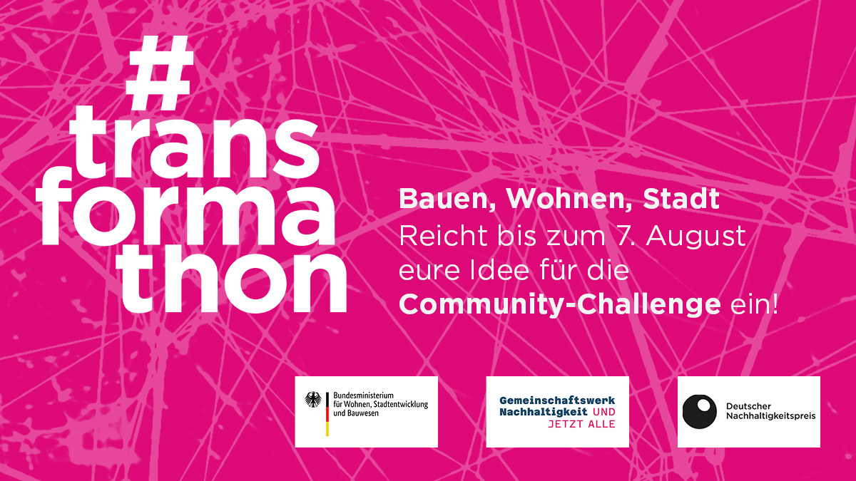 _DNP_'s tweet photo. Werde Teil des #Transformathon|s! Reiche noch bis 7. August deine Idee für die Community-Challenge ein. Schwerpunktthema: Nachhaltiges Bauen, Wohnen und #Stadtentwicklung ➡️ https://t.co/JzrQ3v5i5X

@gw_undjetztalle @BMWSB_Bund @RNE_DE #DNP16 #Nachhaltigkeitspreis https://t.co/TLGZtUZiFF