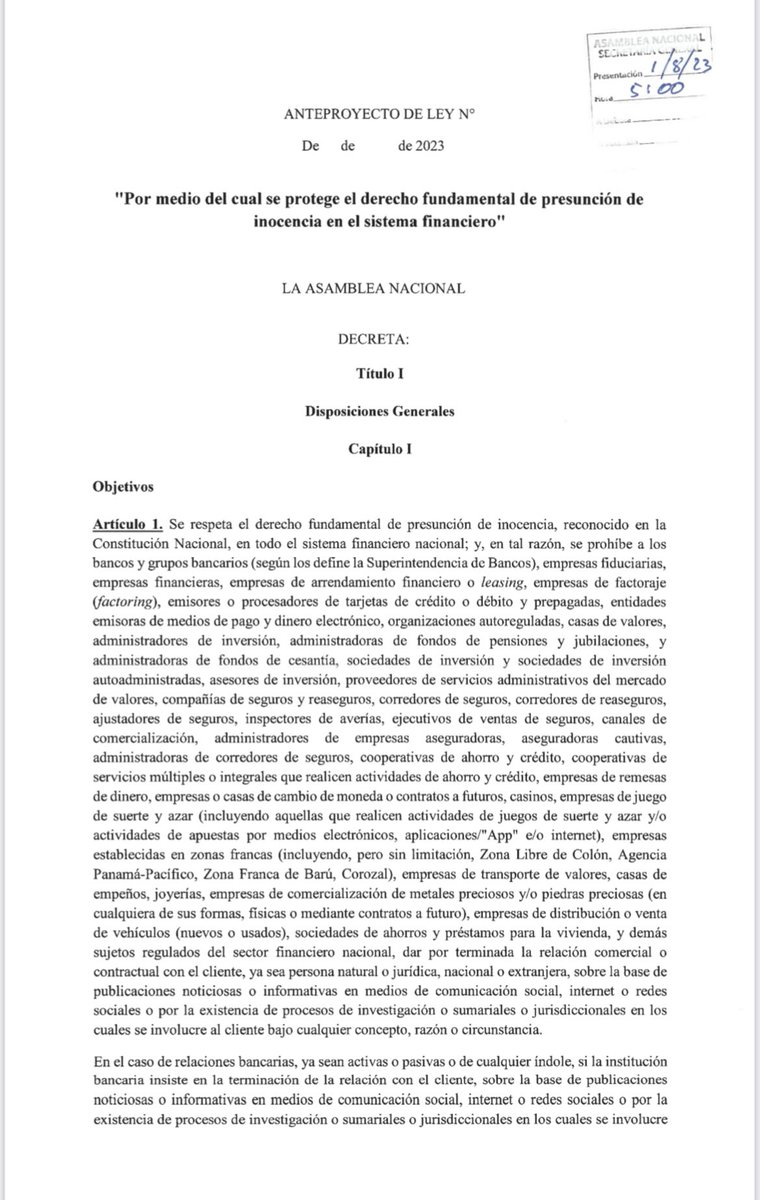 barsallocarlos's tweet photo. Anteproyecto ley. Protección de #presunción de #inocencia en el sistema financiero. #Panamá agosto 2023 temas: #GAFI #FATF #derisking #debida #diligencia #due #diligence #Compliance #cumplimiento #riesgos #risks #corpgov #bancos #gobernanza #Constitución https://t.co/D0qeDWdzSv