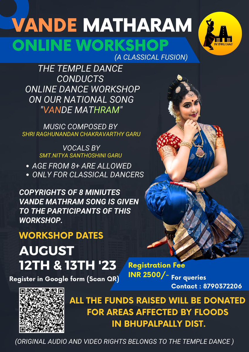 SRIJITH02's tweet photo. Recent floods in Telangana devastated lives in Jayashankar Bhupalpally Dist. The Temple Dance conducts an online Classical Fusion Dance Workshop on "Vande Mataram" to support flood-affected people. Join hands on August 12th &amp; 13th '23 to raise funds for Bhupalpally's urgent needs https://t.co/Xo5NYEMvS8