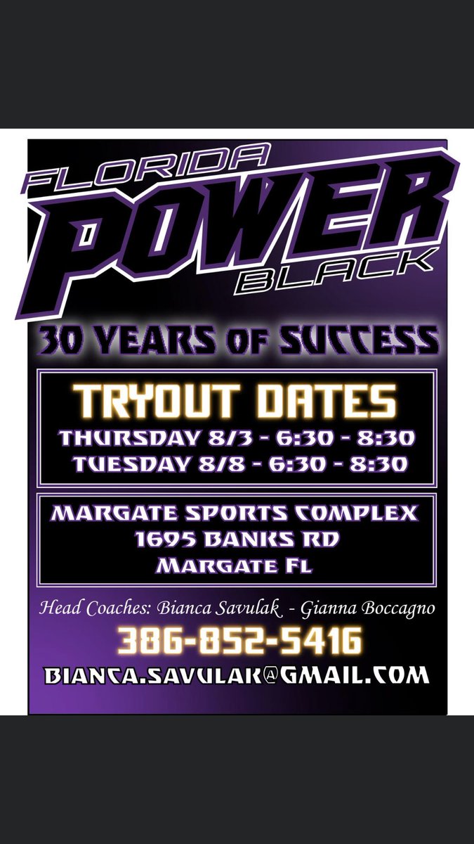 FLPowerBlack's tweet photo. Thursday night tryout!!! Looking for a few to round out our hard-working group of talented young ladies. Will it be you?! Come show us … #powerproud #nbs https://t.co/Mhpg6akqFL