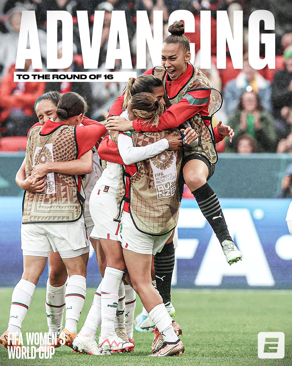 ESPNFC's tweet photo. MOROCCO MAKE MORE HISTORY! 🇲🇦

The Atlas Lionesses progress to the round of 16 at their first ever Women’s World Cup 🙌 https://t.co/ZdsPkI8pRL