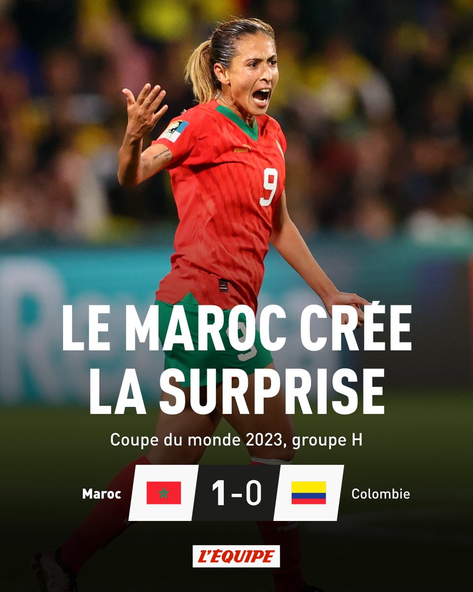 lequipe's tweet photo. Grâce à une victoire 1-0 face à la Colombie, le Maroc se qualifie en huitièmes de finale de la Coupe du monde dès sa première participation !
Les Marocaines affronteront la France mardi prochain. https://t.co/uFwE2WqrGW https://t.co/SubfCXxapf