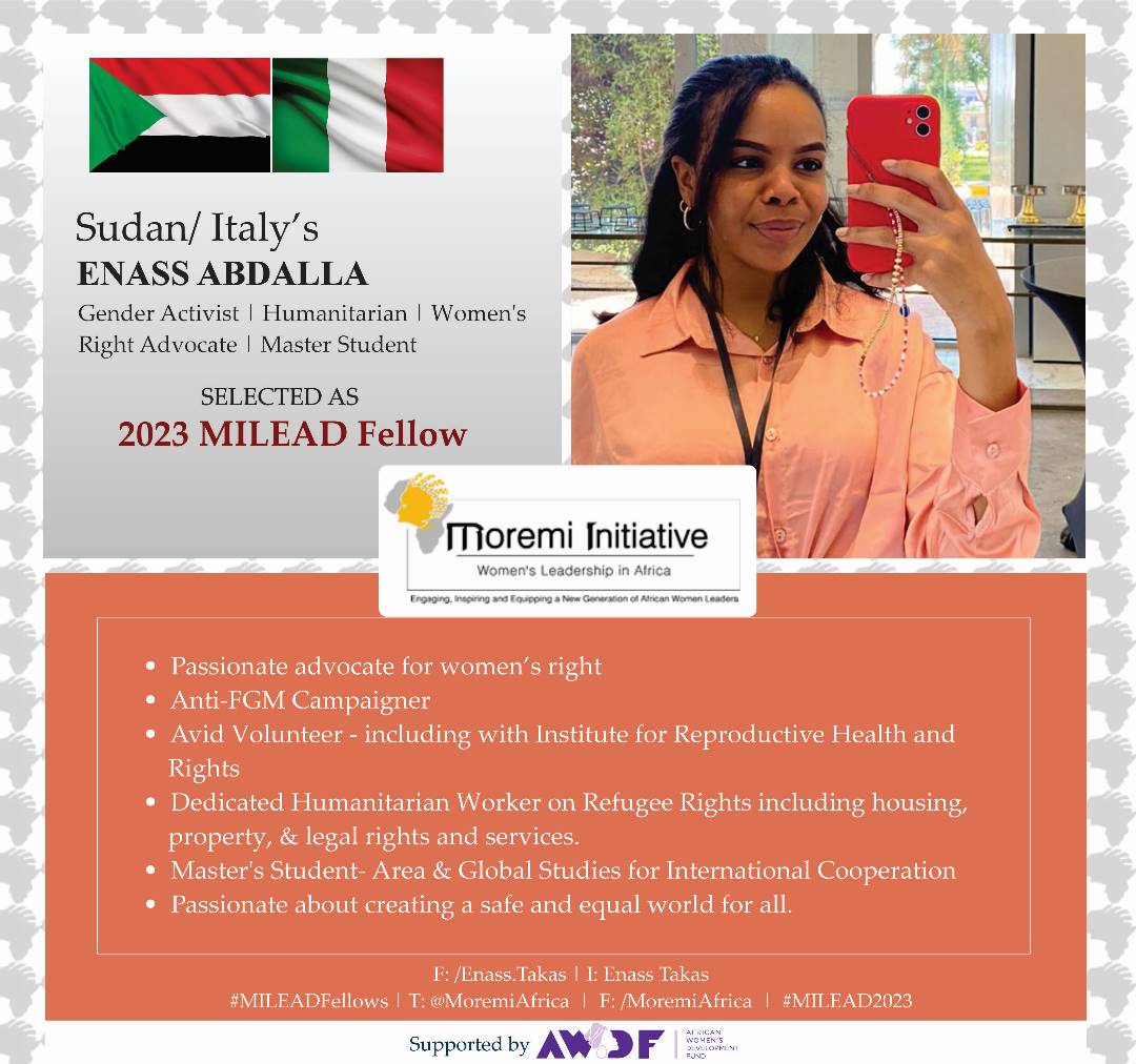 MoremiAfrica's tweet photo. Introducing our fearless women’s rights champion from Sudan, Enass Abdalla.
Gender Activist | Humanitarian| Women’s Right Advocate
#MILEAD #MILEADFellows
#MILEAD2023 #YoungWomenLead
#Leader #Sudan #AfriWomenLead #Womentoring #AWDF #GenderActivist #Humanitarian #WomensRights https://t.co/WRhqpm9GfD