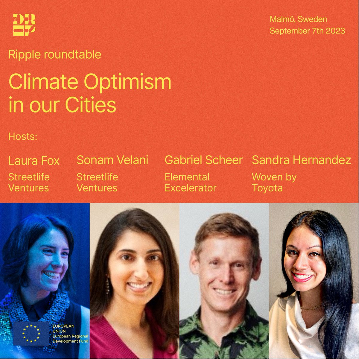 Join brilliant minds @artandfox, @sonamvelani (@streetlifevc), @gabrielscheer (@elementalexcel), & Sandra Hernandez (@wovenbytoyota) to explore ways climate tech can help cut carbon emissions & adapt our cities for a sustainable future at The Drop. 🌃🌱 🔗tinyurl.com/mv4t22zp
