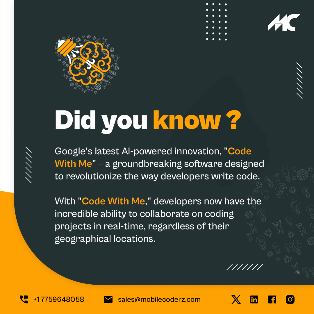MobileCoderz's tweet image. Have you heard that Google has introduced a new and powerful AI Innovation “Code With Me”
Let’s hold on tight and embark on a coding journey. Stay tuned for more updates on this groundbreaking innovation by Google.
#codewithme #nextgencoding #appdevelopment @MobileCoderz
