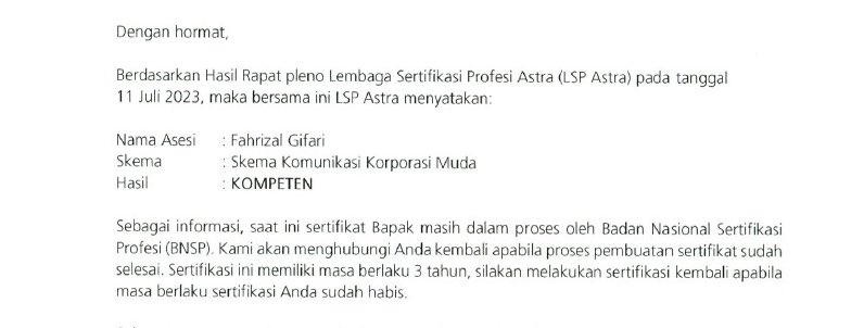 Alhamdulillah, lolos ujian sertifikasi profesi komunikasi. Perjuangan setengah tahun melengkapi list persyaratan ☀️