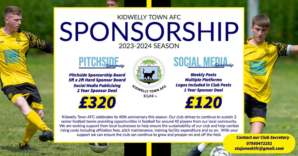 kidtownafc's tweet photo. We celebrate our 40th anniversary this season and are proud to announce our exciting sponsorship opportunities including pitchside sponsorship boards.   If you would like to sponsor our club please contact our club secretary on 07950472251 / stujonesktfc@gmail.com https://t.co/c6GxeOqlCn