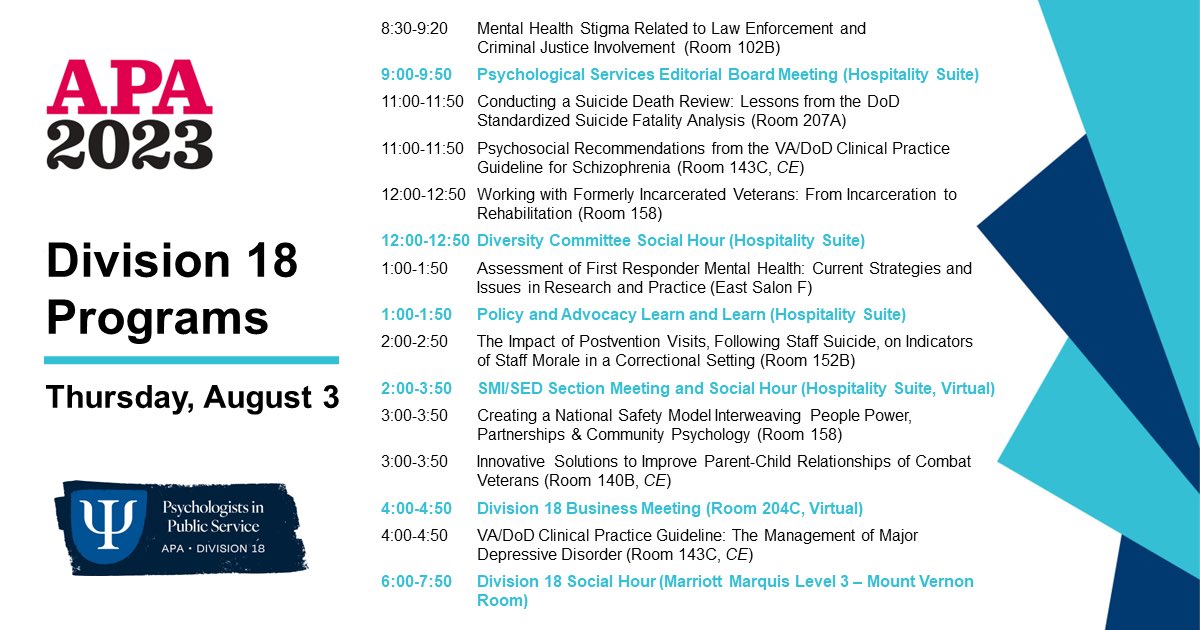 Welcome to the first day of convention programming, and Division 18’s business meeting and social hour day! We look forward to seeing you at our excellent program sessions, and socializing tonight at #apa2023.