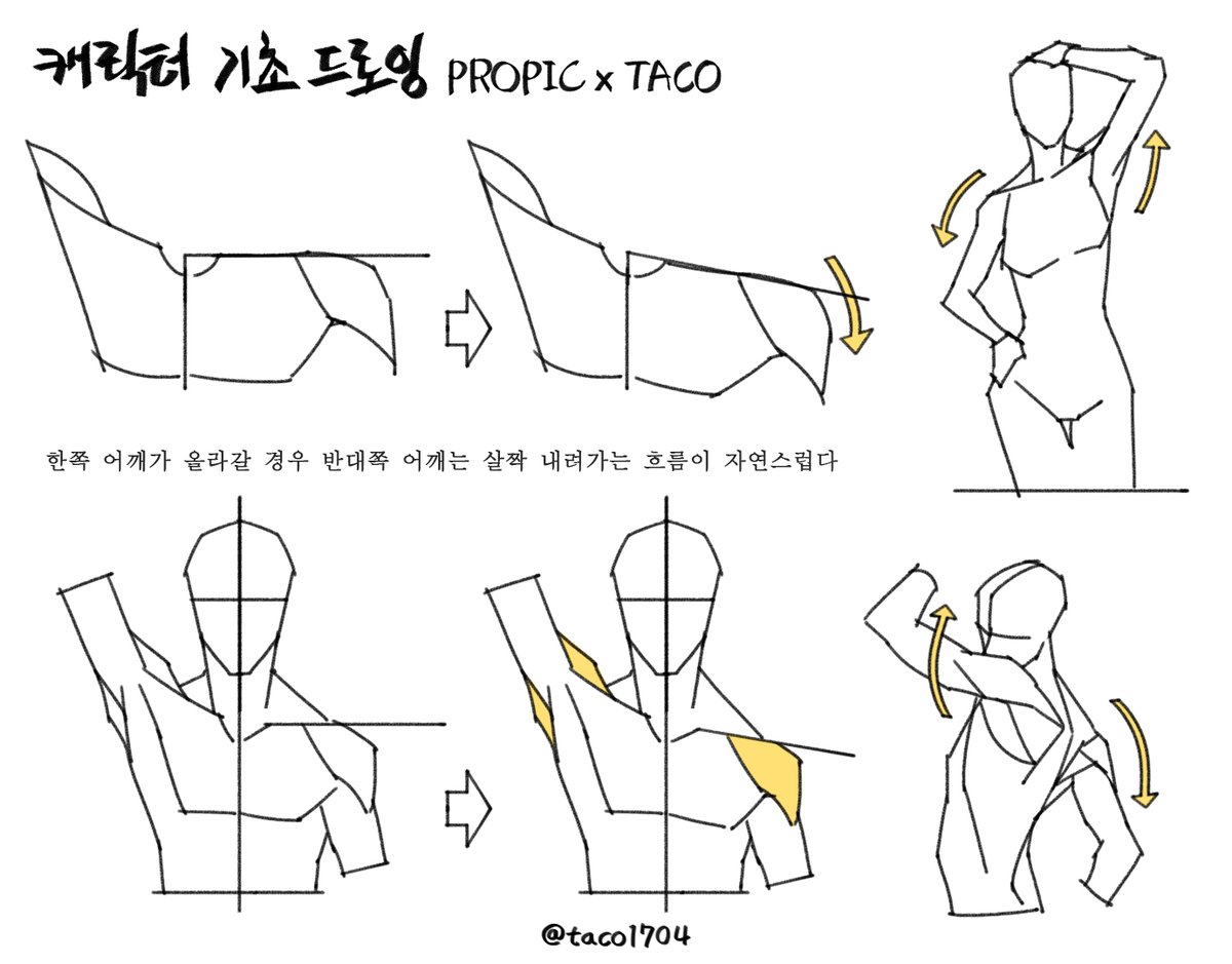 한쪽 어깨가 올라간 경우 반대쪽 어깨는 살짝 내려가는 흐름으로 그린다